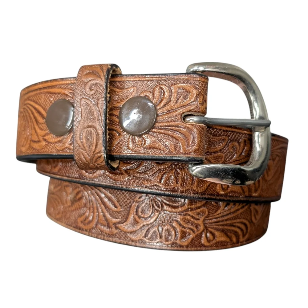 C.L. Genuine Leather Brown Embossed Floral Horse Belt Silver Buckle Size 38 - Picture 15 of 16